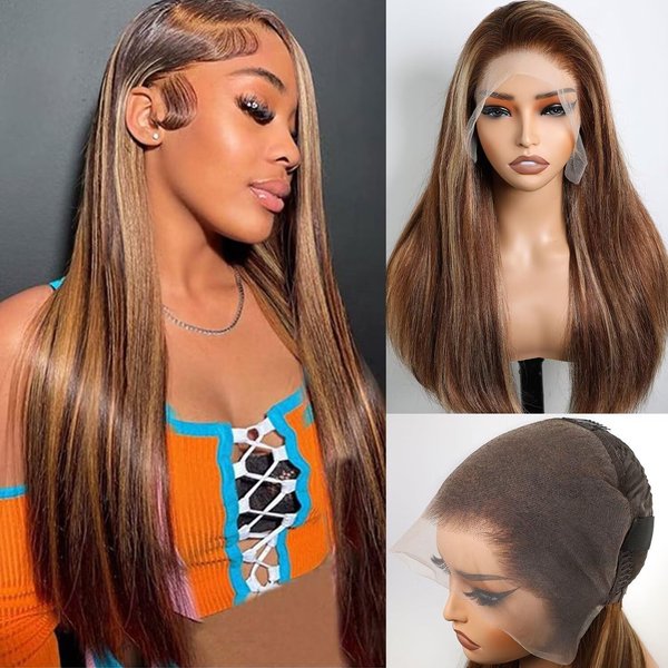 Lemoda Full 13x6 Highlight Straight Lace Frontal Human Hair Wigs 250% Density Medium-length Ombre P4/27 Piano Color Bob Wigs 12A HD Transparent Lace Wig For Women Pre Plucked Natural Hairline 16Inch