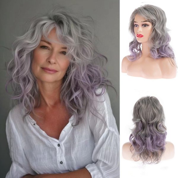 Wiwige Long Curly Wavy Gray Purple Wig for Women Natural Looking Hair Wig Synthetic Halloween Cosplay Costume Party Full Wigs