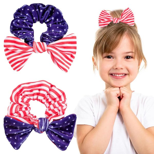 2PCS Patriotic Hair Ties Independence Day Hair Scrunchies Bow Knotted Rubber Bands Soft Elastic Bands USA Flag Star Design Blue Red White Hair Accessories for Women Girls