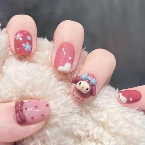 Cute Press on Nails Square Short Length 24Pcs Glossy Full Cover Artificial Pink Fake Nails with Bow Heart Designs Acrylic False Nails Glue on Nails Square Stick on Fingernails for Women Girls