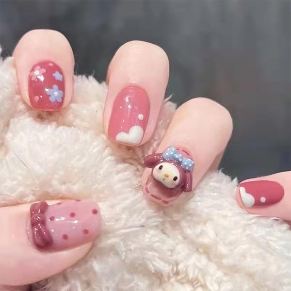 Cute Press on Nails Square Short Length 24Pcs Glossy Full Cover Artificial Pink Fake Nails with Bow Heart Designs Acrylic False Nails Glue on Nails Square Stick on Fingernails for Women Girls