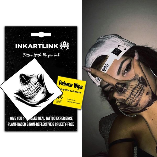 INKARTLINK Temporary Tattoos, Semi Permanent Tattoo Adult Art Design Waterproof Temp Tattoo Party Favors Tattoo Stickers Realistic Look, No Adhesive, Lasts 1-2 Weeks Black (Skull Mask)