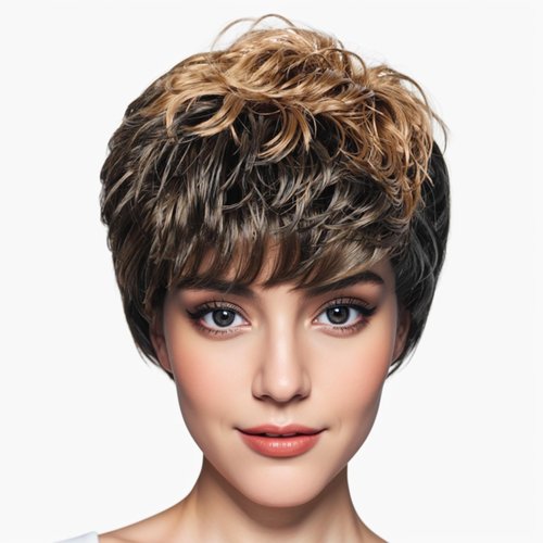 Short Pixie Cut Wig Synthetic Short Curly Wigs for White/Black Women Shot Layered Wavy Hair Wig With Bangs,Daily Wig (Mixed black&blonde 1H27#)