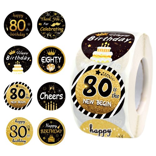 600 PCS 1.5 Inch Happy 80th Birthday Roll Stickers, 8 Different Design Black Gold Happy 80th Birthday Round Labels 80th Birthday Party Favor Anniversary Party Supplies, Handmade Sticker