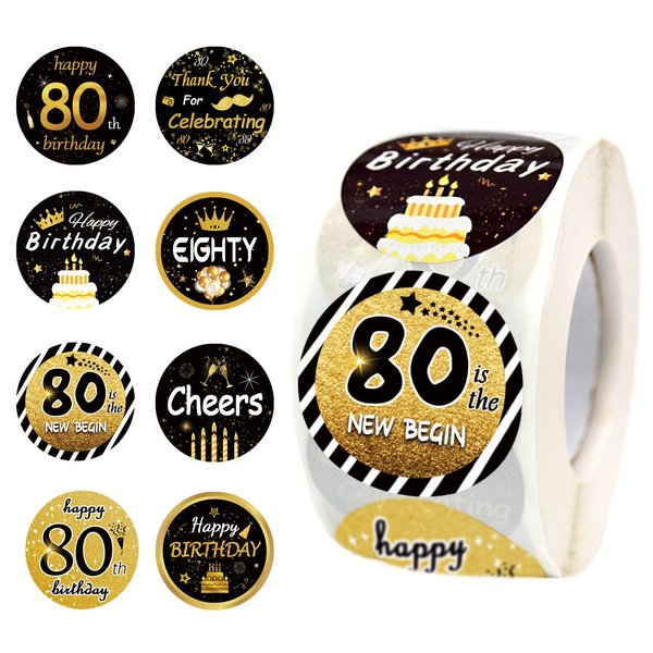 600 PCS 1.5 Inch Happy 80th Birthday Roll Stickers, 8 Different Design Black Gold Happy 80th Birthday Round Labels 80th Birthday Party Favor Anniversary Party Supplies, Handmade Sticker