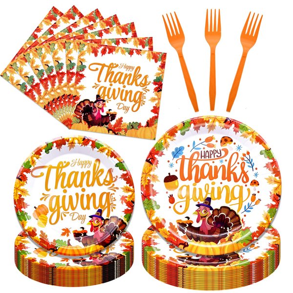 96 Pieces Happy Thanksgiving Tableware Set Party Supplies - Fall Harvest Pattern Disposable Dinnerware with Paper Plates, Napkins, Forks for Autumn and Thanksgiving Dinner BBQ Picnic Favors