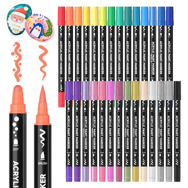 Shuttle Art 28 Colors Dual Tip Acrylic Paint Markers, Brush Tip and Dot Tip Acrylic Paint Pens for Rock Painting, Ceramic, Wood, Canvas, Plastic, Glass, Stone, Calligraphy, Card Making, DIY Crafts