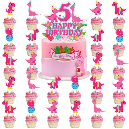25pcs Pink Dinosaur 5th Birthday Party Supplies, Dinosaur Cupcake Picks Decorations, Pink Dinosaur Theme Happy Birthday Baby Shower Kids Girl Cupcake Toppers Decoration (5th)