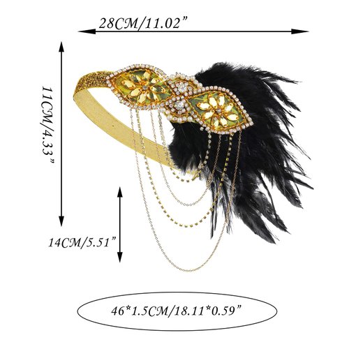 VENOFEN 1920s Flapper Headpiece Gatsby Feather Headband Rhinestone Chain Gold Vintage Style Headpiece Roaring 20s Accessories for Women and Girls