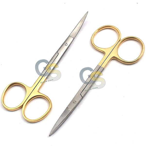 G.S Set of 2 O.R Grade IRIS Scissors Straight and Curved Reusable Gold Plated Handle 4.5"