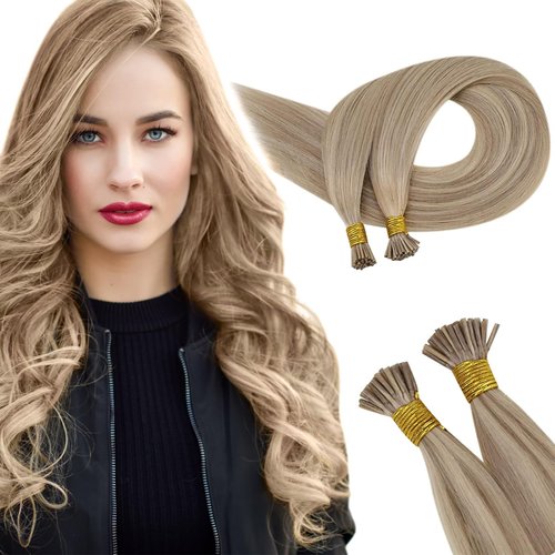 RUNATURE Blonde I Tip Hair Extensions Human Hair 14 Inch Dark Blonde Highlight with Light Blonde Pre Bonded I Tip Extensions Cold Fusion Itip Human Hair Extenisons Blonde 50g