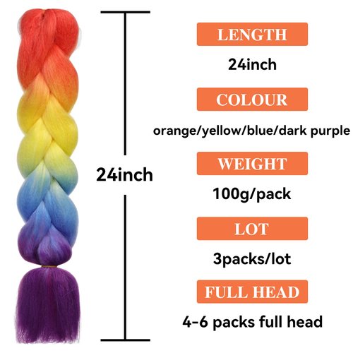HAIRCUBE Ombre Braiding Hair 24 Inch 3 Packs Pre Stretched Box Braids Colorful Rainbow Twist Braiding Hair Extensions Synthetic Crochet Braiding (Rainbow Color)