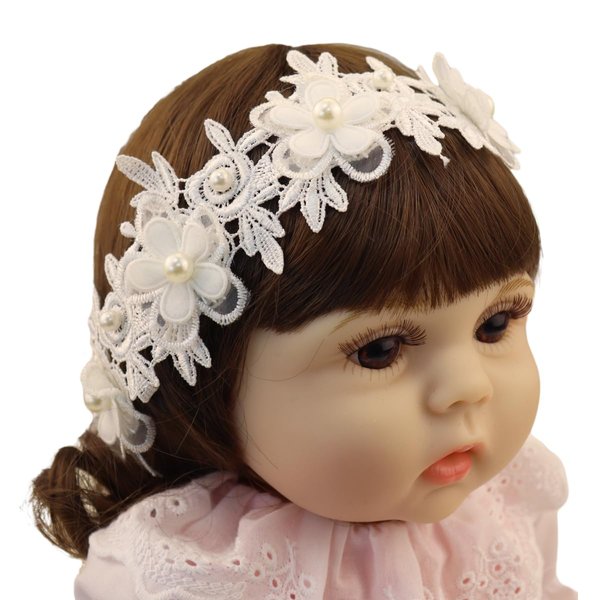 Bethynas Baby Girls Soft Lace Pearl Headband Handmade Flower Lace Bowknot Toddler Hairband Baptism Infant Elastic Headband Birthday Party Hair Accessory for Newborn Baby (Style 2)