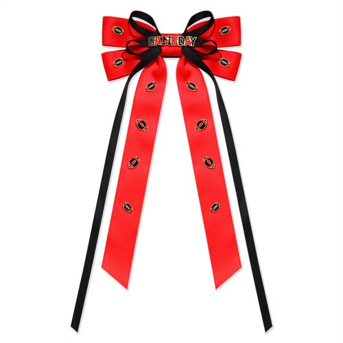 Boderier Game Day Accessories Hair Bows for Women Football Hair Bow Clip Long Tail Satin Ribbon Bow Barrette Hair Clip Sports Fan Hair Accessories Red Black
