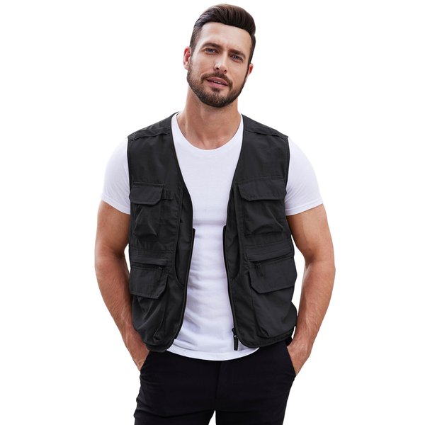 Gihuo Mens Fishing Vest Summer Outdoor Work Vest Utility Safari Travel Lightweight Sleeveless Jackets with Pockets（Black-M）