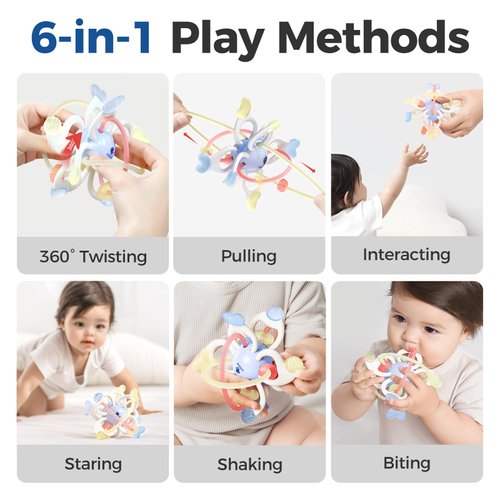 Evoceler Baby Teething Toys Ball, 6-in-1 Silicone Infant Toys Baby Toys, BPA Free Montessori Baby Teether Ball for 0-6-12-18+ Months，Chew Toy Newborn Toys for Baby Girl Boy