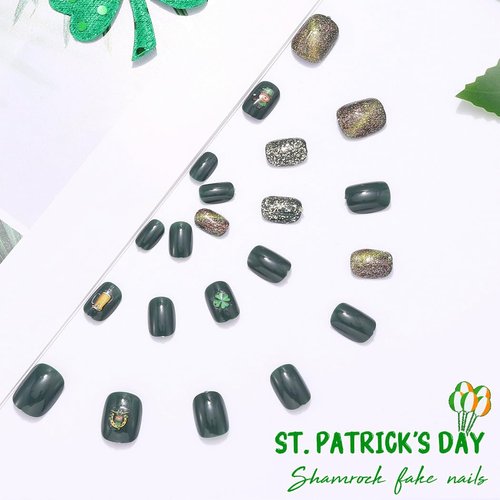 Zehope St Patrick's Day Short Fake Nails Green Press on Nails Four Leaf Clover False Nails Beer Full Cover Nails for Women and Girls 24PCS (Glossy)