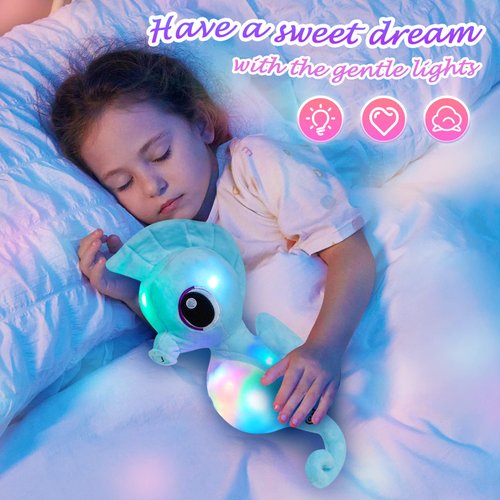 Athoinsu Light up Seahorse Stuffed Animals LED Soft Ocean Life Plush Toy with Night Light Bedtime Pal Children's Day Birthday Gifts for Toddler Kids, 8''(Blue)