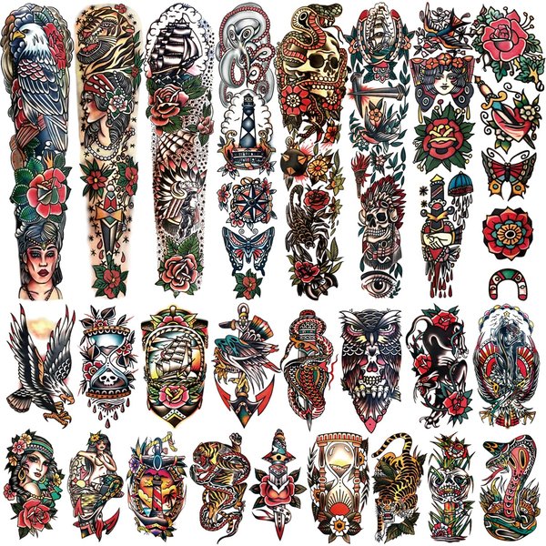 55 sheets Classic Full Arm Temporary Tattoos Old School Tattoos Stickers, Sailor Jerry Style Fake Tattoo Sleeve, American Traditional Flower Half Arm Temporary Tattoos for Women Men Adults Kids