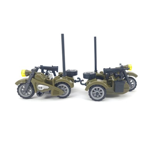 General Jim's WW2 German Military Motorcycle and Removable Sidecar (Green) Building Blocks Bricks Set (Set of 2)