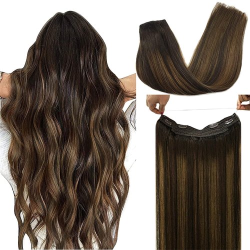 DOORES Human Hair Extensions Wire Hair Extensions Balayage Dark Brown to Chestnut Brown 18 Inch 95g Wire Hair Extensions with Transparent Fish Line Invisible
