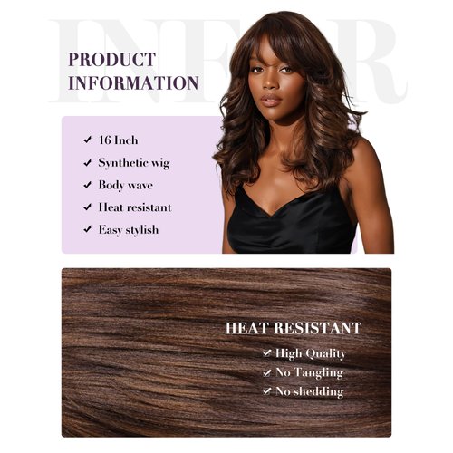 Allbell Body Wave Wig with Bangs Medium Length Highlight Brown Wigs for Women Synthetic Mixed Brown Wavy Curly Wigs Heat Resistant Fiber Hair for Daily 16Inch