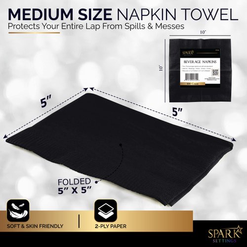 Amcrate Big Party Pack 100 Count Black Beverage Napkins - Ideal for Wedding, Party, Birthday, Dinner, Lunch, Cocktails. (5” x 5”)