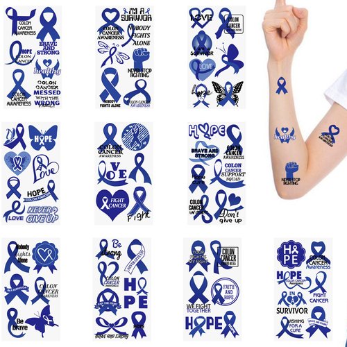 WANDIC 30 Sheets Blue Ribbon Temporary Tattoos, Colon Cancer Awareness Tattoo Sticker Prostate Cancer Awareness Stickers for Charity for Decoration Eveny