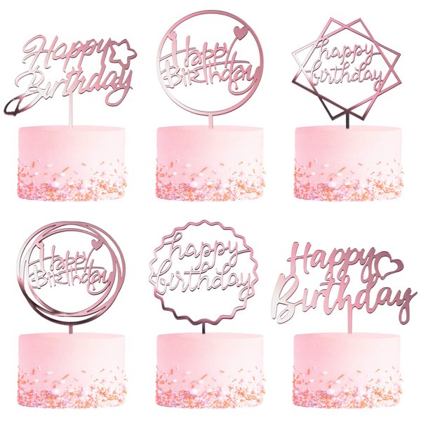 6-Pack Rose Gold Birthday Cake Topper Set, Double-Sided Glitter, Acrylic Happy Birthday Sign Cake Toppers/Cupcake Toppers, Birthday Party Decorations Supplies for Girls and Mom.