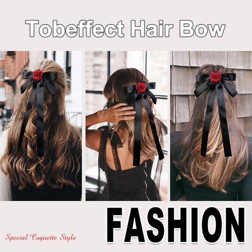 Tobeffect 2 Pcs Black Hair Bow Clips with Rose for Women Girls Gothic Black Hair Bows with Long Tail Satin Vintage Bow Barrettes Hair Accessories
