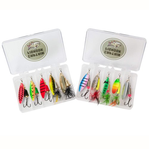 Fishing Lure Set by Captain Fishook – 10-Piece Fishing Lures Spinnerbait Kit for Fresh and Salty Water – Premium Non-Rust Carbon Hook – Steel Stamped Hand Painted Blades – 2 Tackle Boxes