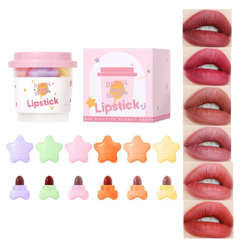 AKARY 6 Colors Mini Lipstick Set, High Pigment Stars Candy Matte Multicolor Red Lips Velvety Soft Lip Stick Waterproof Long Lasting Cute Capsule Lip Gloss, Non-Stick Cup Lip Makeup Gift Set for Women Girls