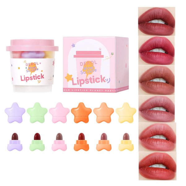 AKARY 6 Colors Mini Lipstick Set, High Pigment Stars Candy Matte Multicolor Red Lips Velvety Soft Lip Stick Waterproof Long Lasting Cute Capsule Lip Gloss, Non-Stick Cup Lip Makeup Gift Set for Women Girls