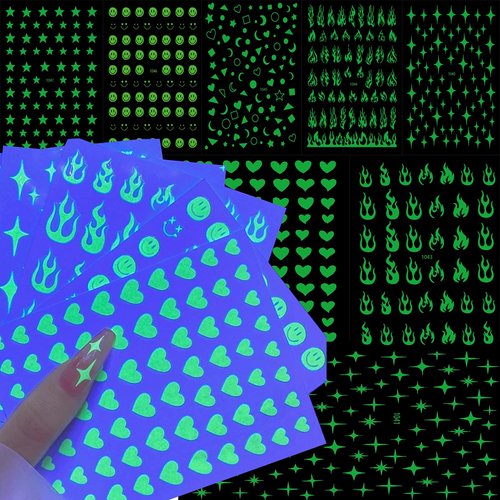 8PCS Luminous Nail Stickers,3D Self-Adhesive Fluorescence Flame Cloud Rainbow Nail Stickers Decals Glow in The Dark for Halloween Nail Art DIY Decoration