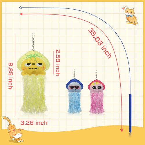 Andiker Cat Wand Toy, 35 Inches Flexible Cat Stick with Cute Jellyfish Cat Wand Replacement Cat Teaser Toy Sturdy Interactive Cat Toy for Indoor Cats to Chase Pounce Entertain (Yellow)