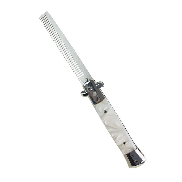 Switchblade Comb Pocket Knife Hair Brush Automatic Push Button Folding Barber (White Marble)