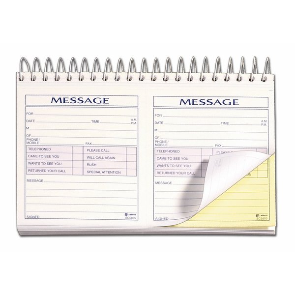 Adams Phone Message Book, 8.5 x 5.25 Inch, Spiral Bound, 2-Part, Carbonless, 2 Messages per Page, 200 Sets, White and Canary (SC5805D)