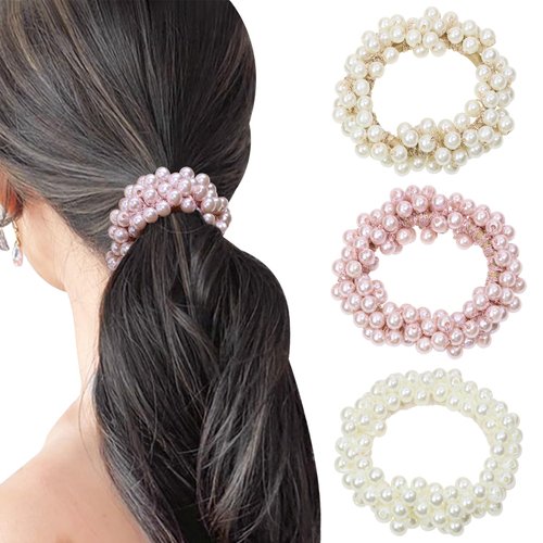 Penta Angel Pearl Hair Ties 3/6Pcs Beaded Elastic Hair Scrunchies Bands Ropes Decorative Ponytail Holder for Women (3, White, Pink, Gold)