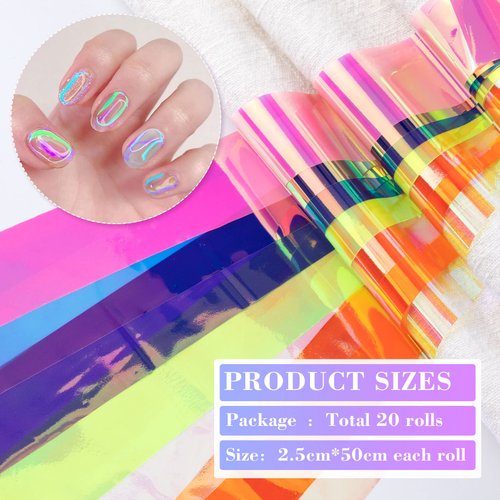 Nuorest 20 Rolls Aurora Nail Foil Stickers, Colorful Glass Paper Holographic Transfer Decals, Wraps, Shiny French Art Supplies for Acrylic Nails, Manicure (2 Boxes), Assorted