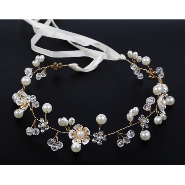 Wedding Hair Accessories Gold Flower Girl Headpiece Crown Headband Flower Girls Hair Accessory Pearl Head Bands for Women's Hair White Wedding Headpiece for Bride Wedding Hair Accessories for Women