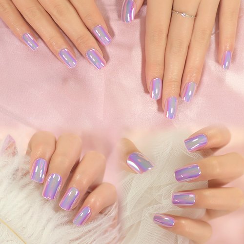 Magic Pink Purple Chrome Holographic Press On Nails Short Squoval False Nails Women Girls Nail Art Full Cover Reusable Fingernails Datechable Acrylic Manicure For Daily Dating Office Home Party