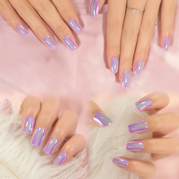 Magic Pink Purple Chrome Holographic Press On Nails Short Squoval False Nails Women Girls Nail Art Full Cover Reusable Fingernails Datechable Acrylic Manicure For Daily Dating Office Home Party