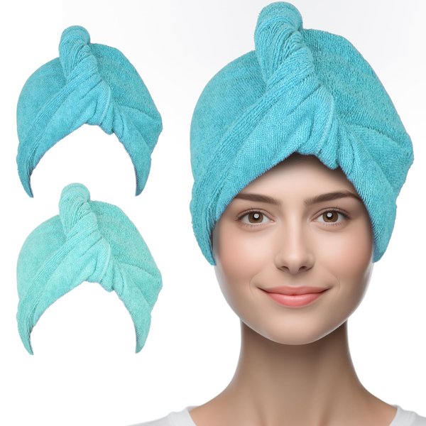 Full BE Dare Microfiber Hair Towel Wrap, 2-Pack Ultra-Absorbent Microfiber Hair Turban, Quick Dry, Anti-Frizz, Turban Towel for Women & Men, Perfect for Long & Thick Hairstyles (Dark Aqua, Light Aqua)