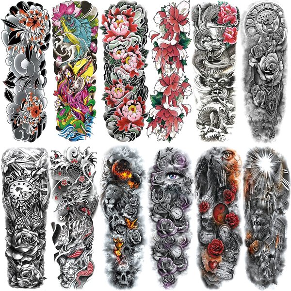 Temporary Tattoos Sleeves, 12 Sheets (L19“xW7”) Full arm temporary tattoos, Sleeve Tattoos for Men and Women Adult Kids