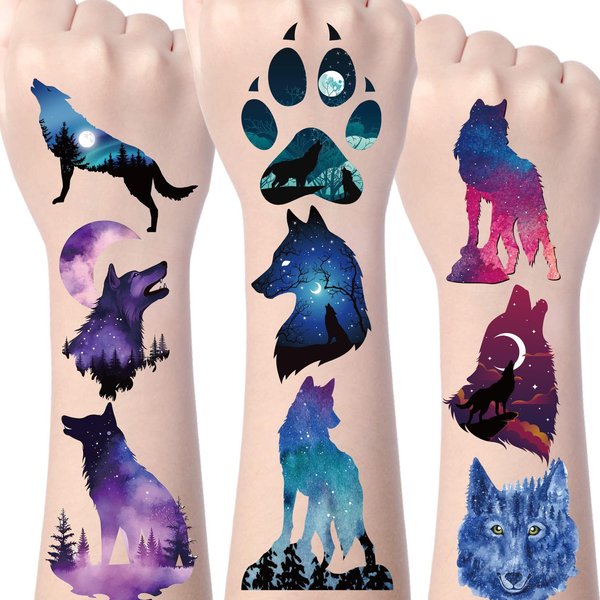 Wxiben Wolf Temporary Tattoos Stickers - 170+ Wolf Party Favors Gifts Decorations Supplies Wolf Stickers for Kids Cool Wolf Themed Birthday Baby Shower Tattoos Supplies Men Women