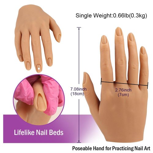 Practice Hand for Acrylic Nails Silicone Female Mannequin Life Size Hand with Insertable Nails for Nail Art Beginners/Nail Salon Artists Single Hand Color 3#