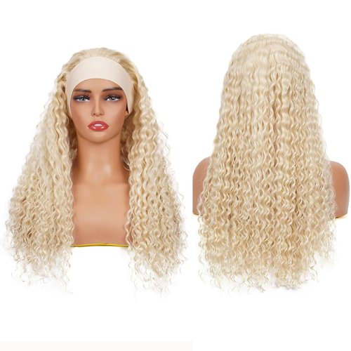 Rostationa 613 Blonde Headband Wig Human Hair Deep Wave 24 Inches Human Hair Headband wig None Lace Front Wigs Human Hair Wig for Black Women Machine Made Wigs 150% Density wig（#613,DP,24Inch