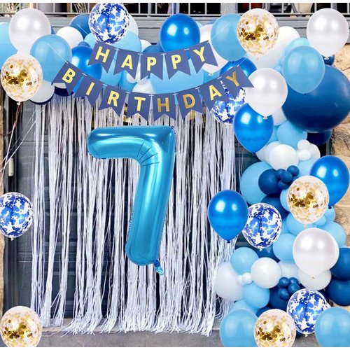 7th Birthday Decorations Blue Gold for Boys Girls, Number 7 Foil Balloons with Happy Birthday Banner for 7 Years Old Birthday Party Supplies Boys and Girls Blue Gold Themed 7th Birthday Party (7th)
