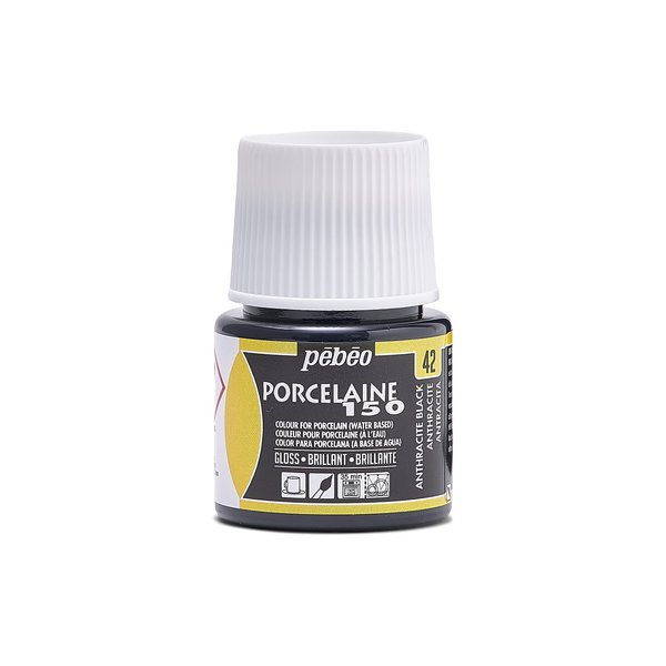 Pebeo Porcelaine 150 Ceramic Paint - Water-Based High-Gloss Paint, 45 ml Bottle - Anthracite Black