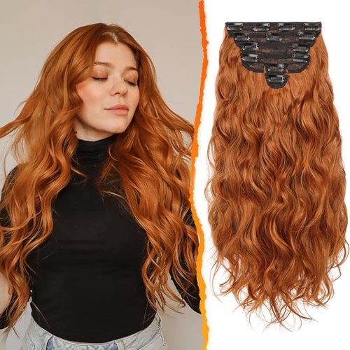 BARSDAR Wavy Clip in Hair Extensions - 20 Inch Copper Clip in Hair Extensions for Women - 6PCs Full Head Thick Soft Synthetic Clip in Hairpieces Daily Party Halloween- Cowboy Ginger Copper